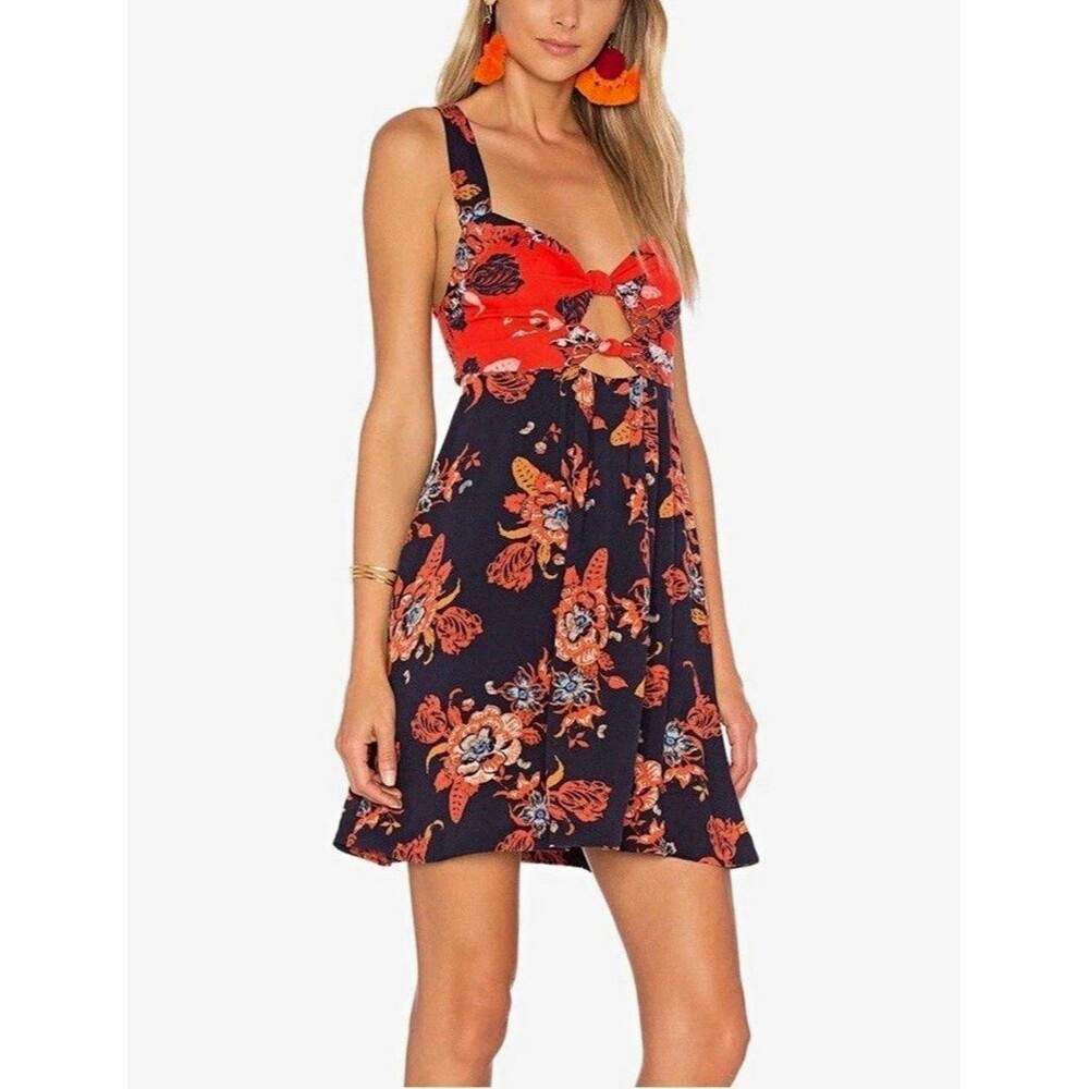 Free People Baby It's You Navy/Orange Floral Print Sleeveless Dress, Size M